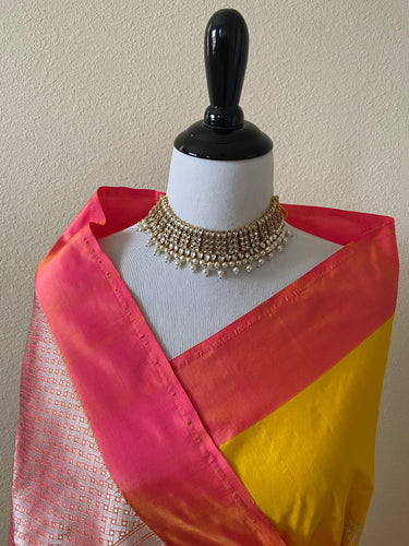 Banarasi Katan pure silk saree | Alfi Sona-Rupa kadwa weave with Kadiyal border | Yellow and Peach | Handwoven | Ships from California